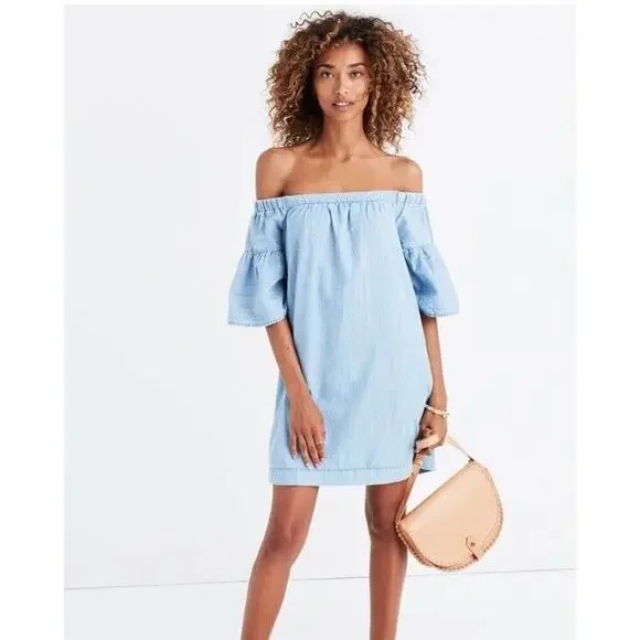 Madewell Azalea Off the Shoulder Ruffle Sleeve Light Blue Denim Dress Size XS - Picture 1 of 4